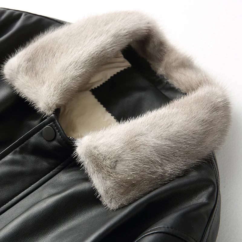 Sheepskin Coat Female Mink Fur Collar Down Jacket Winter Coat Women Real Leather Jacket Streetwear Baseball Jackets MY