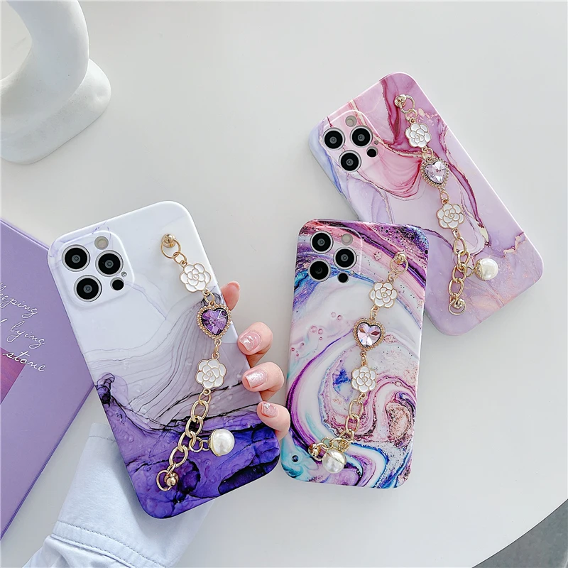 Luxury Marble Pearl Love Heart Bracelet Phone Case For iPhone 15 14 12 13 11 Pro Max XR XS 7 8 Plus SE2 IMD Colorful Chain Cover