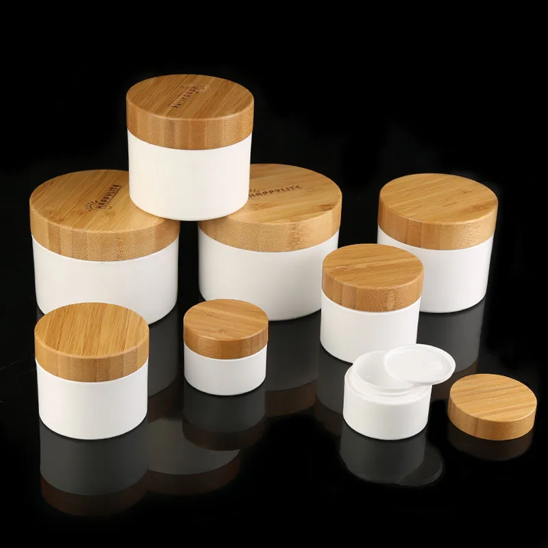 

Custom printing 10g 30g 50g cosmetic container white PP plastic face cream empty jar with eco friendly wood grain bamboo lids