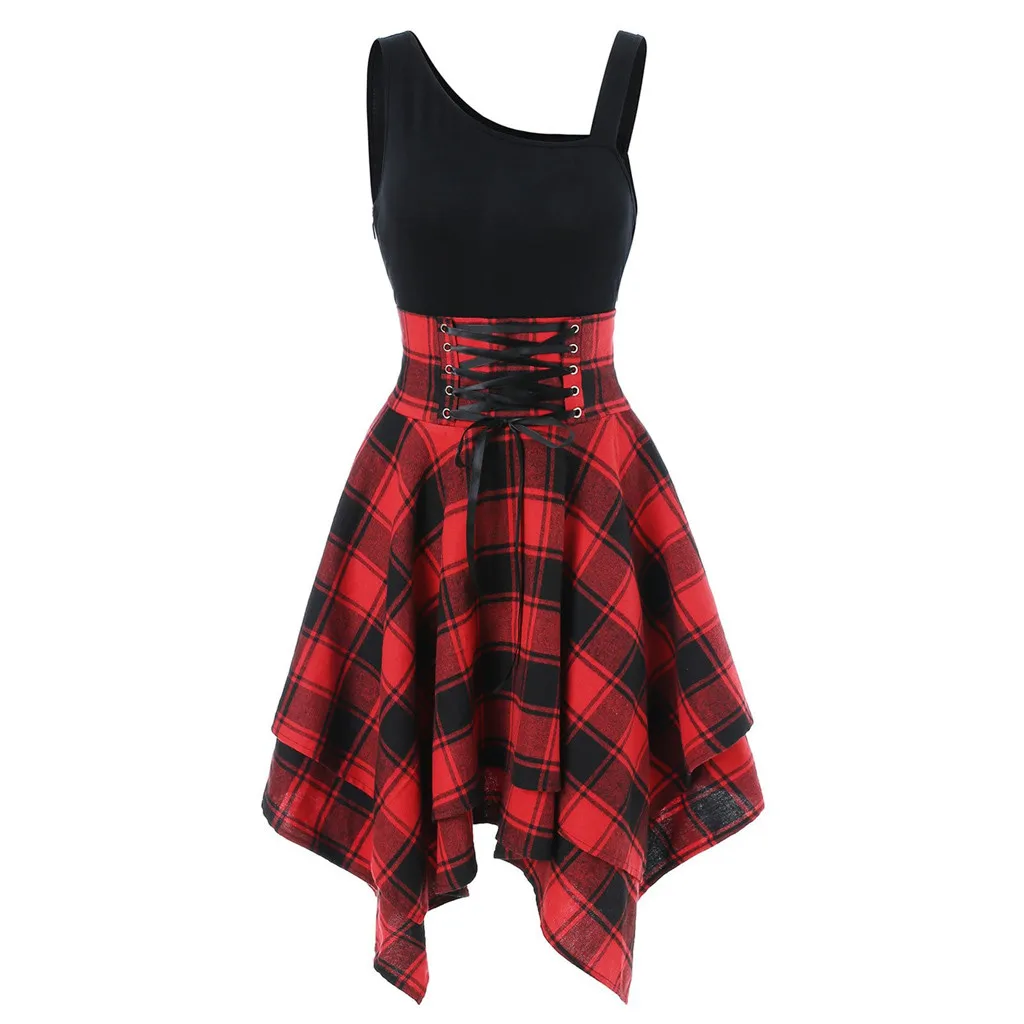 Plaid Dress Women Summer 2023 Sleeveless Cold Shoulder Cross Irregular Dress Elegant Streetwear Retro Casual Mini Vestido