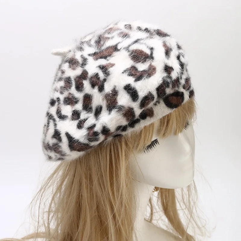 2024 Autumn and Winter Leopard Print Rabbit Fur Buckle Beret Painter Hat Octagonal Hat Women and Girl