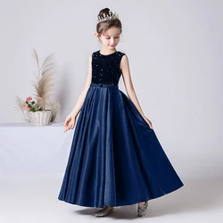 Dideyttawl, vestido Formal personalizado de satén con lentejuelas brillantes para niñas, vestidos largos de fiesta de cumpleaños, vestido de princesa para niñas, negro, azul marino