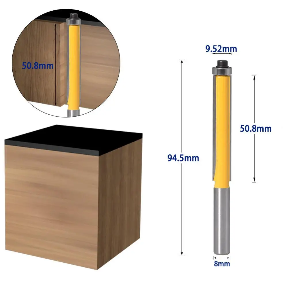 8mm Shank 3/8' Long Straight Router Bit Drills with Top Bearing for Wood Tungsten Carbide Tipped Milling Cutter Carving