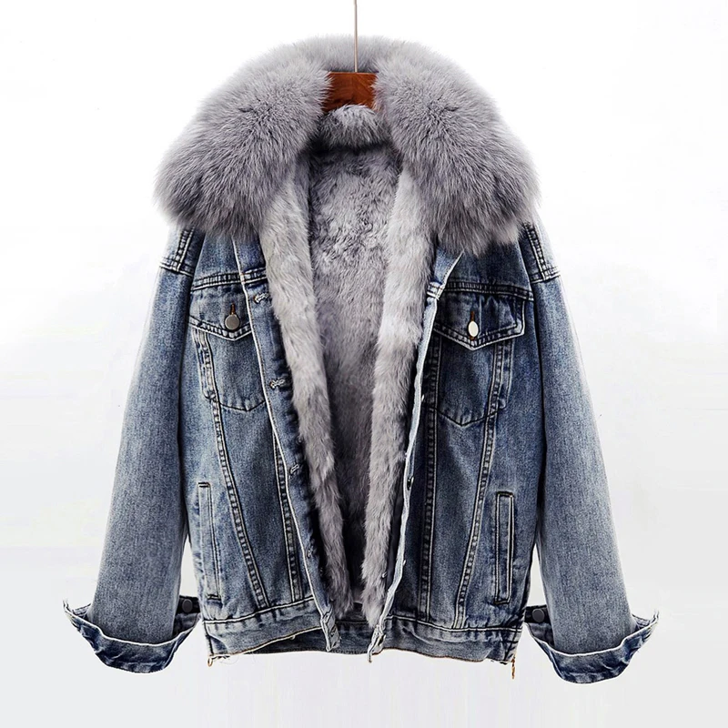 

Real Fox fur collar thick warm denim jacket female winter detachable real rabbit fur liner zipper stitching real fur coat F2156