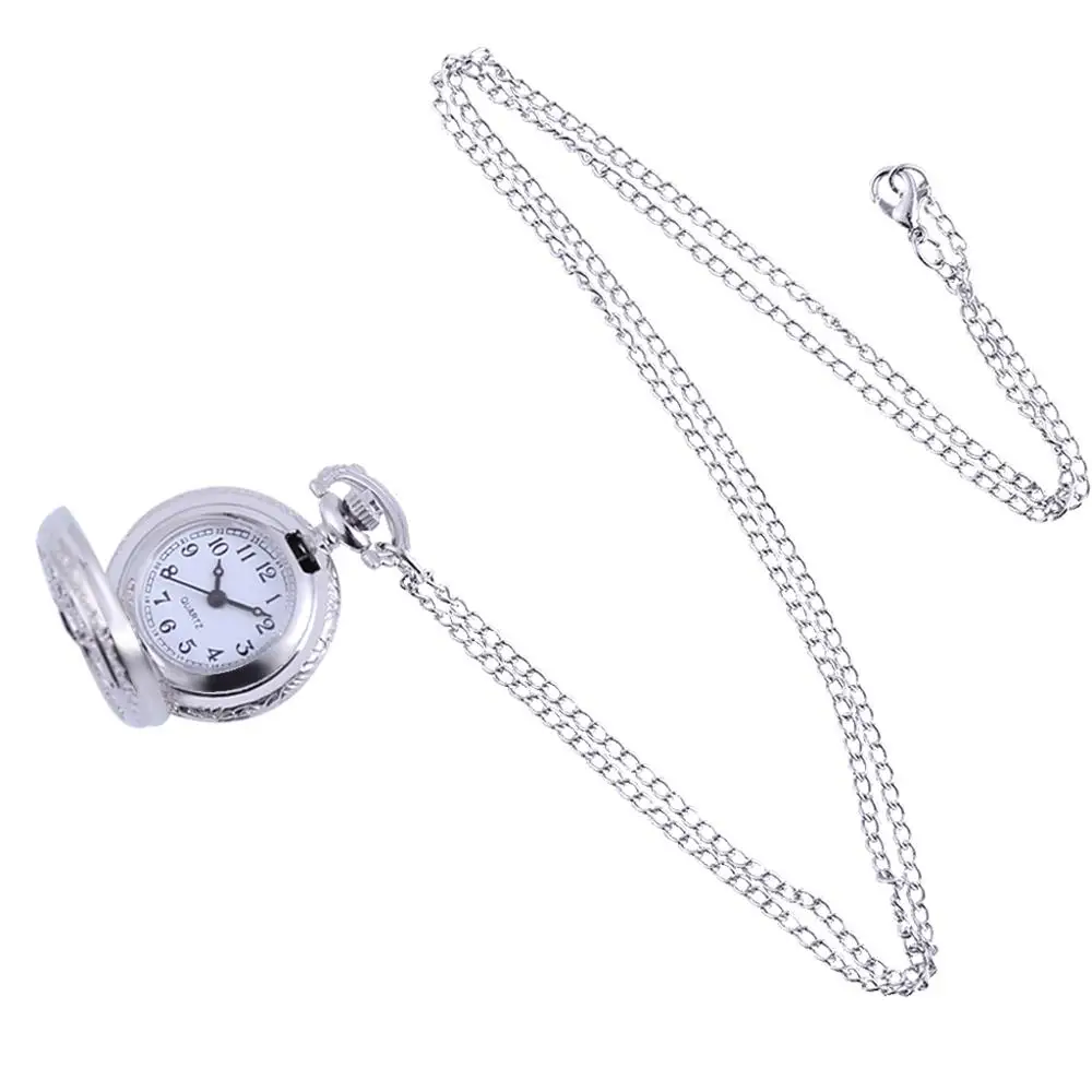 Trend vintage silver engraving pattern silver open cover pocket watch belt chain men and women accessories