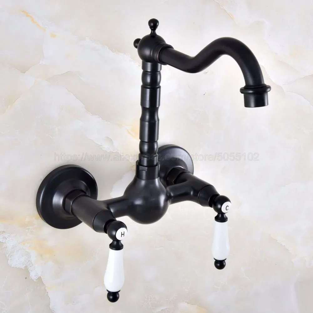 

Oil Rubbed Bronze Bathroom Basin Swivel Spout Faucet Wall Mounted Dual Ceramic Handles Vessel Sink Mixer Taps znf869