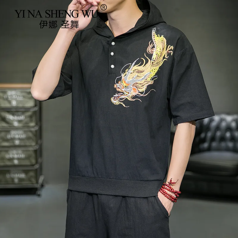 

New Chinese Autumn Casual Men's Hooded Middle Sleeve T-shirt Cotton Hemp Japanese Retro Fashion Dragon Printed Harajuku T-shirt
