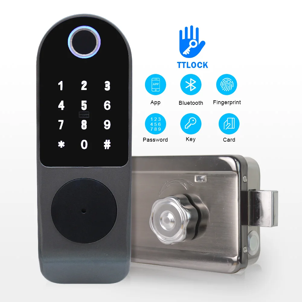 

Waterproof TTlock BLE WiFi App Electric Rim Door Lock Intelligent Biometric Fingerprint NFC Smart Lock for outdoor Gate door