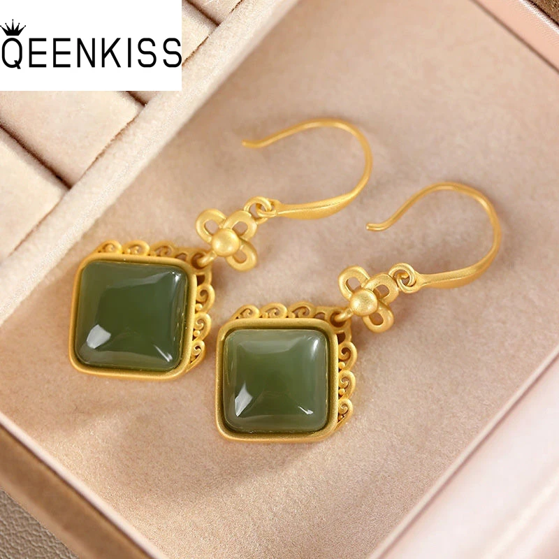 

QEENKISS 24KT Gold Vintage Square Drop Earrings For Women Fine Wholesale Jewelry Wedding Party Bride Ladies Mother Gift EG5112