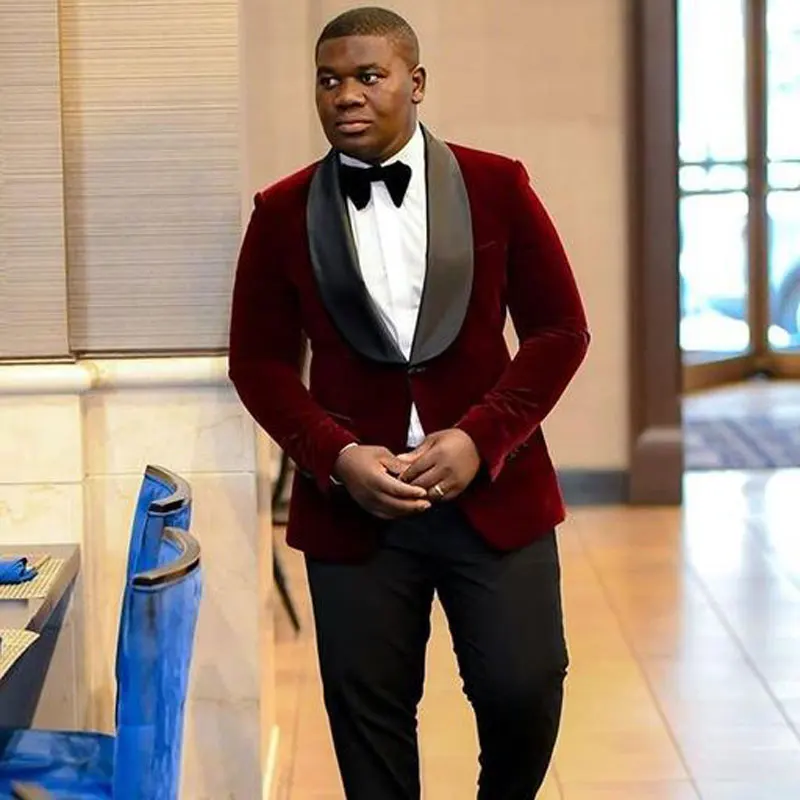 

Burgundy Velvet Smoking Jacket Prom Costume Homme Man Blazer Suits Men 2019 Wedding Suits for Men Outfit Groom Tuxedo 2Piece