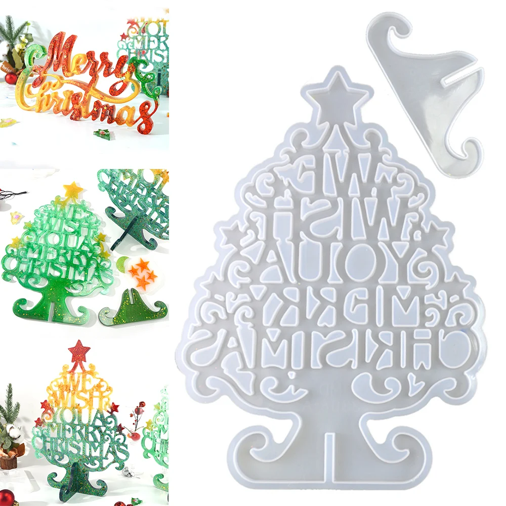 Molde de silicona con forma de árbol de Navidad, Resina Epoxi, letras de Feliz Navidad, Resina Epoxi para manualidades DIY