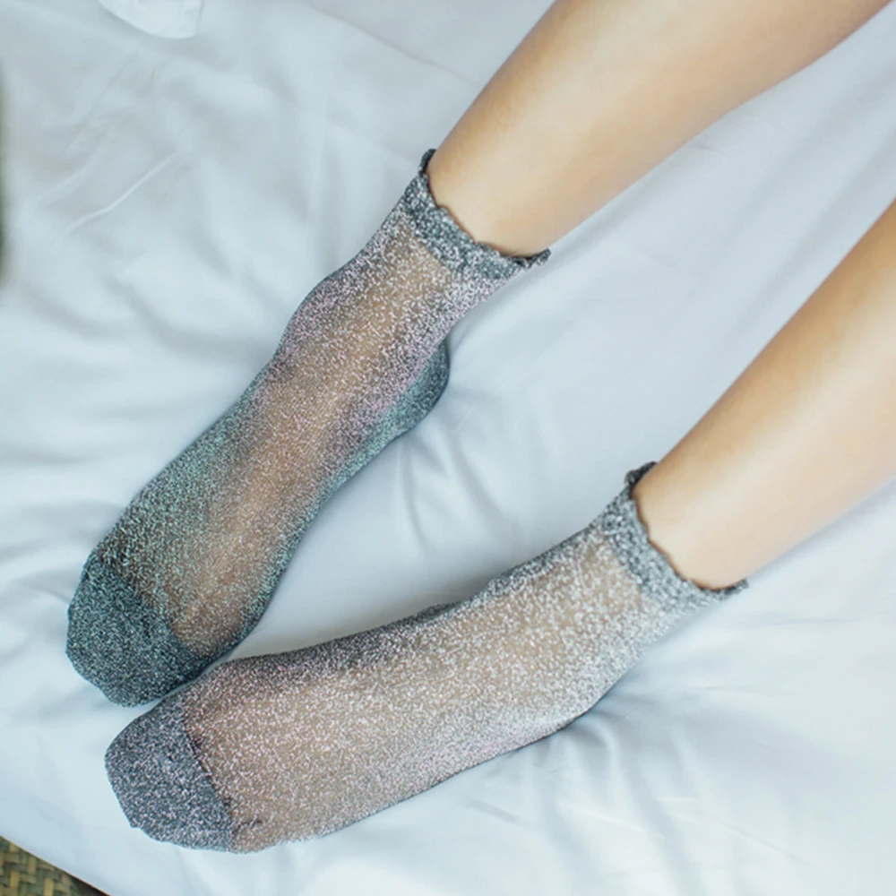 Women Shiny Socks Trendy Fashion Girls Glitter Short Socks Spring Summer Thin Gauze Transparent Lady Sox Soft Comfortable