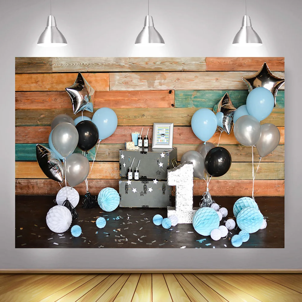 เด็ก 1st Birthday Party แบนเนอร์ฉากหลัง Photocall บอลลูนเด็กเค้กวันเกิดพื้นหลังไม้อิฐผนังการถ่ายภาพ