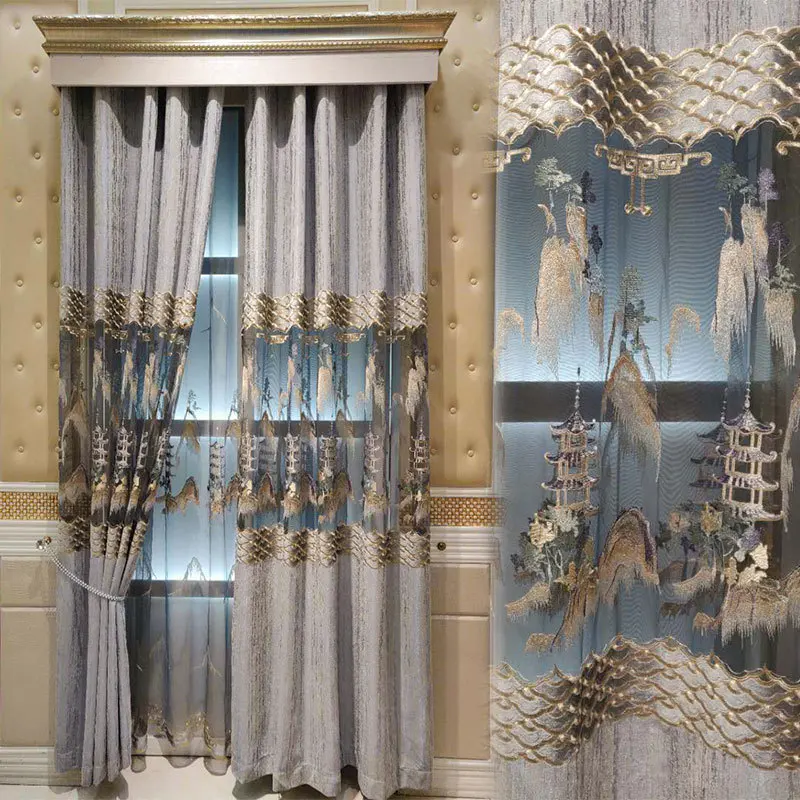 

European luxury King Queen brown embroidered gold curtains for the living room with the sheer luxury hotels suitable for bedroom