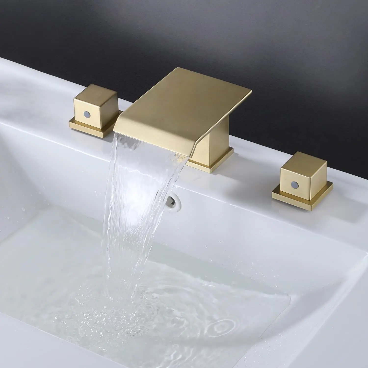 

High Quality Solid Brass Modern Waterfall Bathroom Faucet 3 Holes 2 Square Handles Brushed Gold Basin Sink Faucet Cold hot water