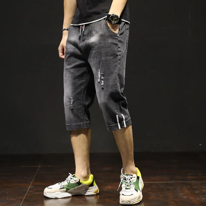 

Summer 2021 Mens Streetwear Fashion Casual Straight Denim Shorts Loose Ripped Pants Drawstring Breeches Cowboy Cropped Jeans