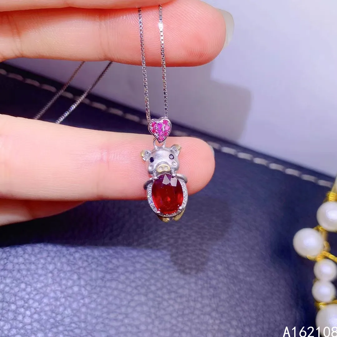 

Exquisite Jewelry 925 Sterling Silver Inlay With Natural Gem Women's Popular Trendy Pig OL Style Ruby Pendant Necklace Support D