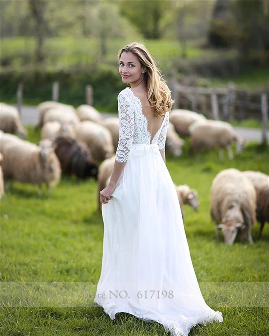 Robe de mariée trapèze élégante en mousseline de soie, avec appliques en dentelle, manches en dentelle, col en v, 3/4