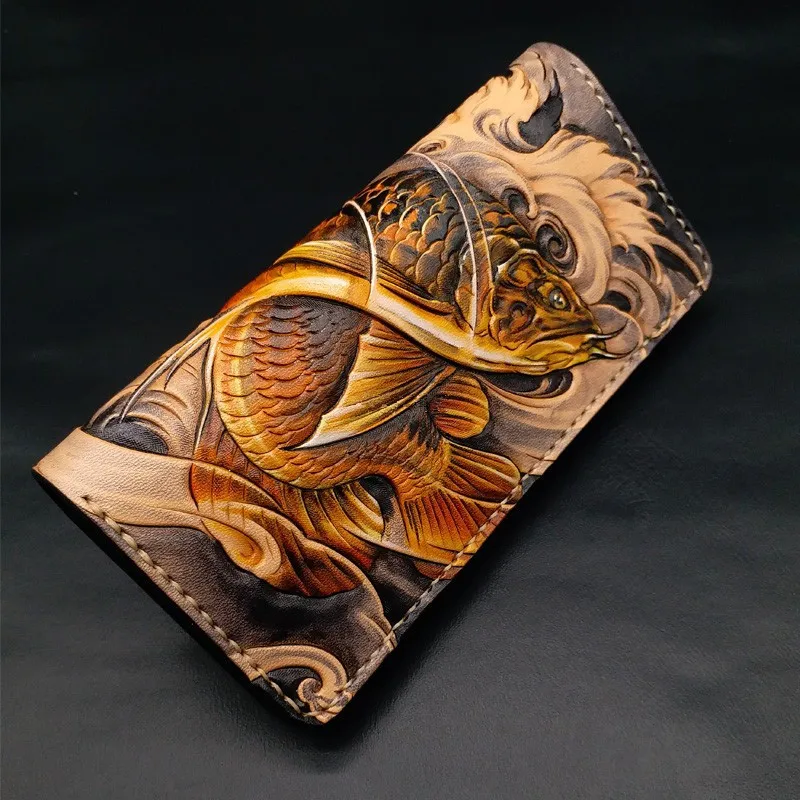 

Handmade Wallets Carving Arowana Purses Women Men Long Clutch Vegetable Tanned Leather Wallet Card Holder