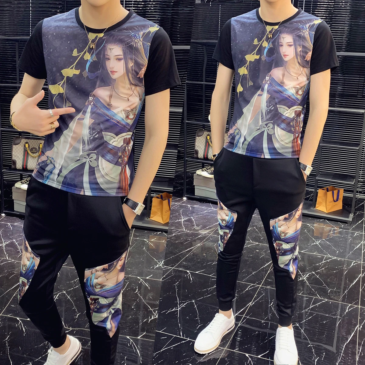 

Pants Top And Men Printing Short Sleeve T Shirt Two Piece Set Men Slim Fit Outfits Men Set 2020 Spring High Quality Tracksuit