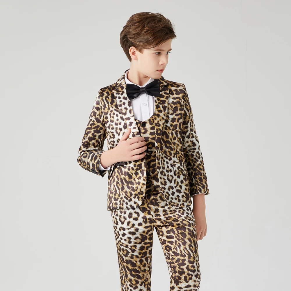 Boys Formal Wear 3 PCS Kids Suits for Wedding Blazer Vest Pants Children's Costume Dress Children's leopard print suit