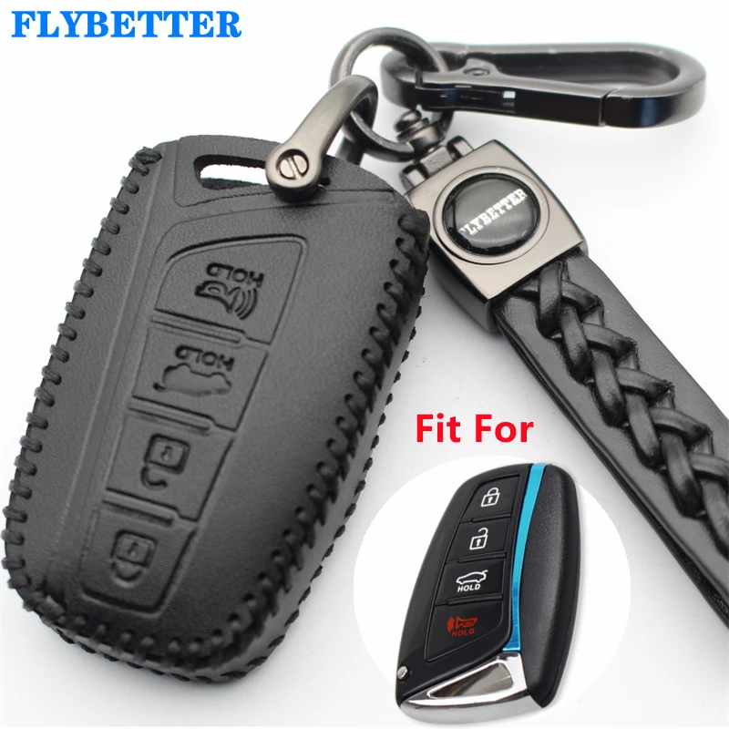 FLYBETTER Genuine Leather KeyChain 4Button Smart Key Case Cover For Hyundai SantaFe/Equus/Azera/Genesis  L713