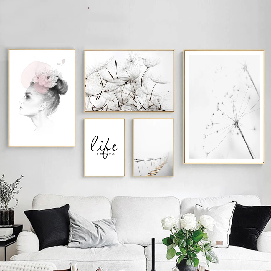 Mädchen mit Löwenzahn-Brücke, Zitat, Landschaft, Wandkunst, Leinwandgemälde, nordische Poster und Drucke, Wandbilder für Wohnzimmerdekoration