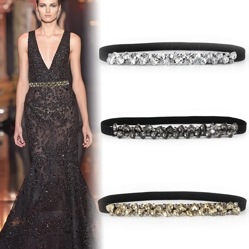 Luxury Fashion Rhinestone Elastic Belt Women Dresses Full Crystal Gem Black Female Waist Belt Dress Dress Accessories Belts