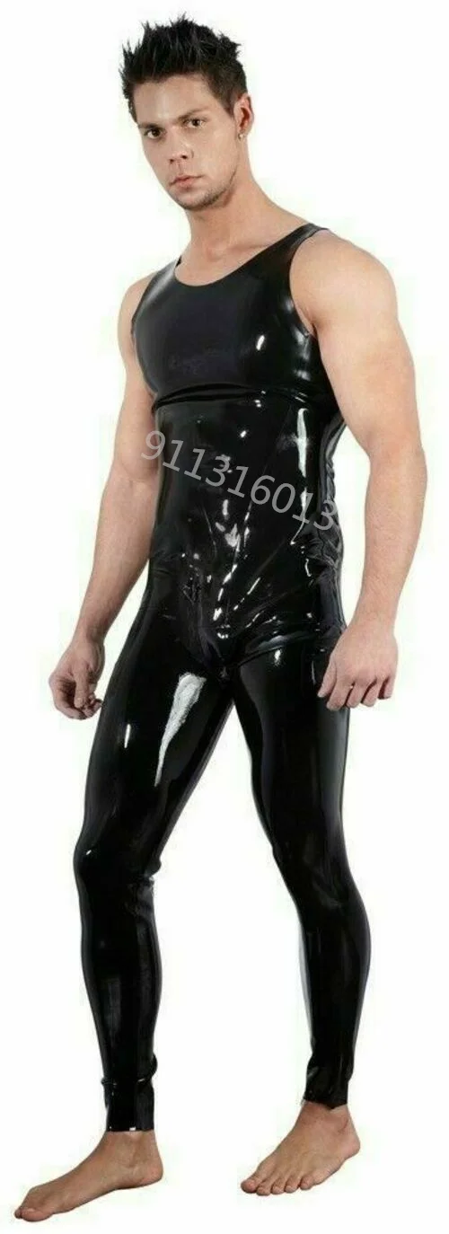 Handmade Natural Latex Male Catsuit Men's Latex-Overall Sleeveless Bodysuit Black Overalls with Zipper Skin-Tight Jumpsuit New