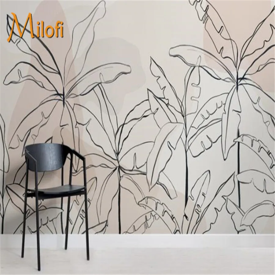 Custom light pink ink color tropical banana tree wallpaper mural living room background black 3d forest wallpaper mural