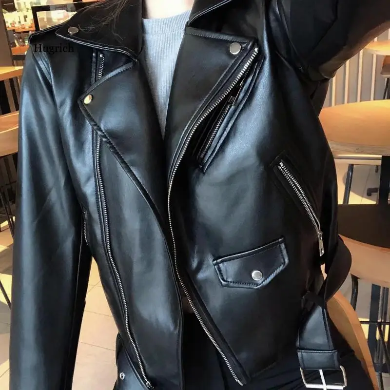 Spring Autumn Women Faux Leather Jacket Ladies Solid with Belt Zipper Biker Coat Female Casual Outwear