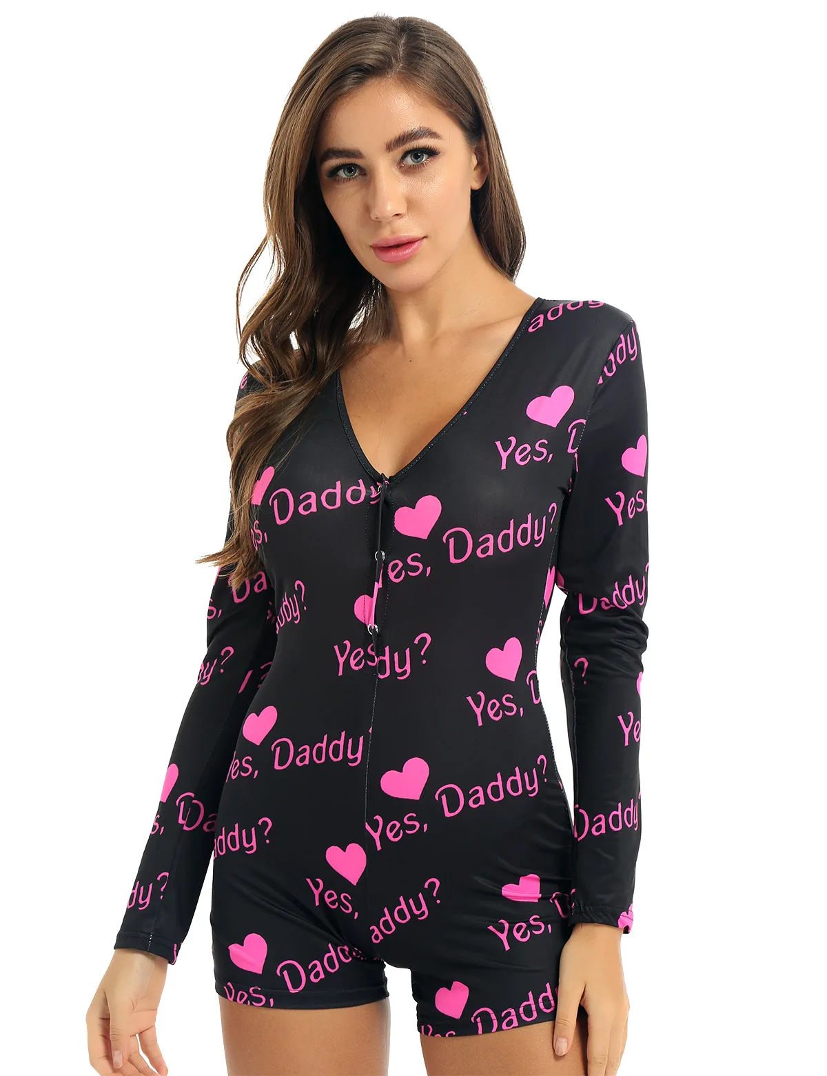 

Women Yes Daddy Letter Leopard Printed Sleepwear Jumpsuit Long Sleeves Leotard Bodysuit Bodycon Short Rompers Pajamas Overalls