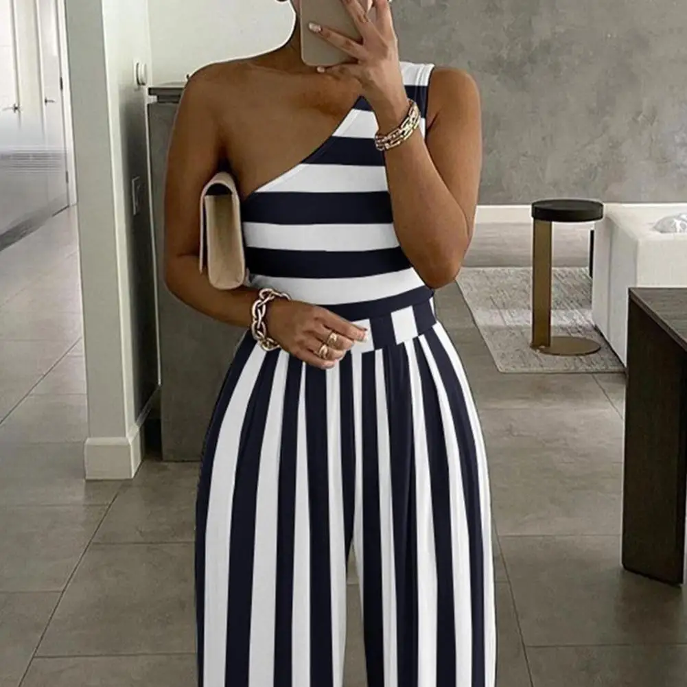 2022 Women Waist Tied Jumpsuit Stripes Print Single Shoulder Slash Neck Wide Leg Loose Jumpsuit Rompers Bodysuit боди женское