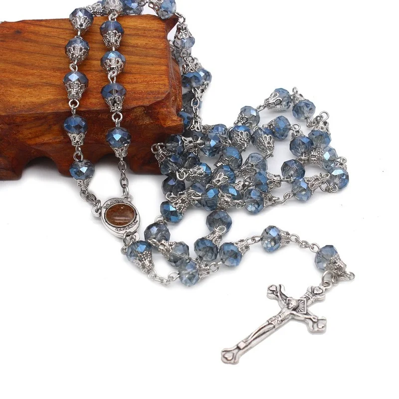 Glass Crystal Religious Rosary Round Beads Cross Virgin Mary Fashion Rosary Cross Necklace Catholic Religious Necklace Jewelry