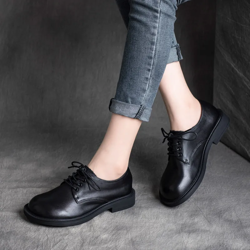 Women Flats Leather Lace Up Autumn Shoes Low Heels For Women Loafers Black Casual Genuine leather Soft Flat Women Retro Handmade