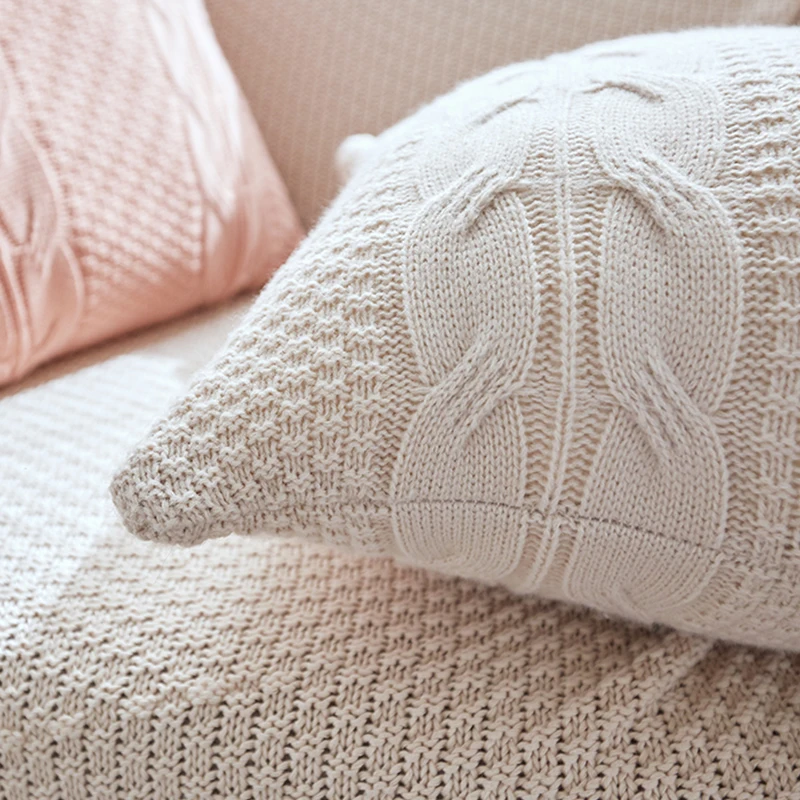 Double Cable Knit Cushion Cover Vintage Coffee Ivory Grey Pink Coffee Solid Pillow Case  45cm*45cm Soft  5 colors for choose