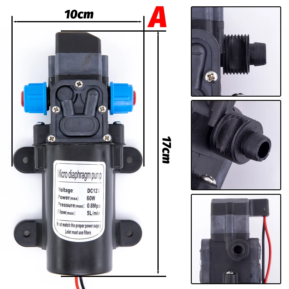 Dc 12V 60W 5L/Min Landbouw Elektrische Waterpomp Zwart Micro Hogedruk Membraanpomp Water Sproeier wasstraat