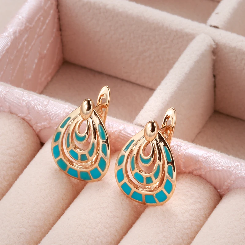 Kinel Unique Blue Enamel Drop Earrings for Women Luxury 585 Rose Gold Vintage Daily Earring Ethnic Bride Wedding Jewelry