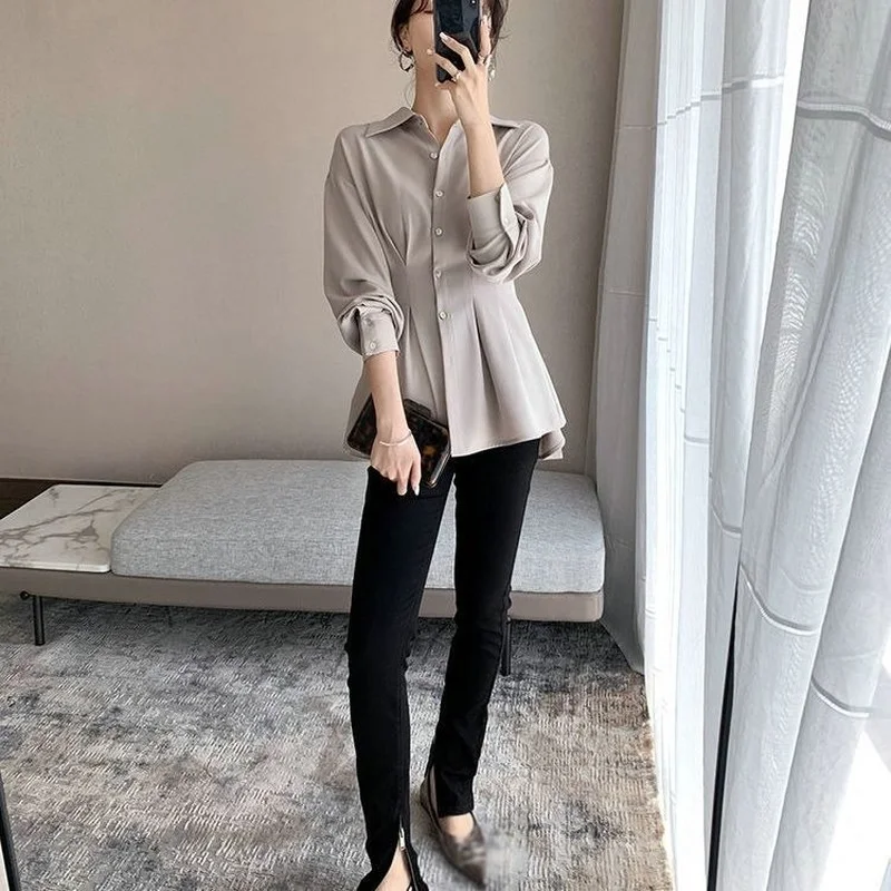 Shirts Women Chiffon Spring Tunic Office Pure Color Temperament Ins Tender Long Sleeve All-match Classy Mujer Clothes Ulzzang