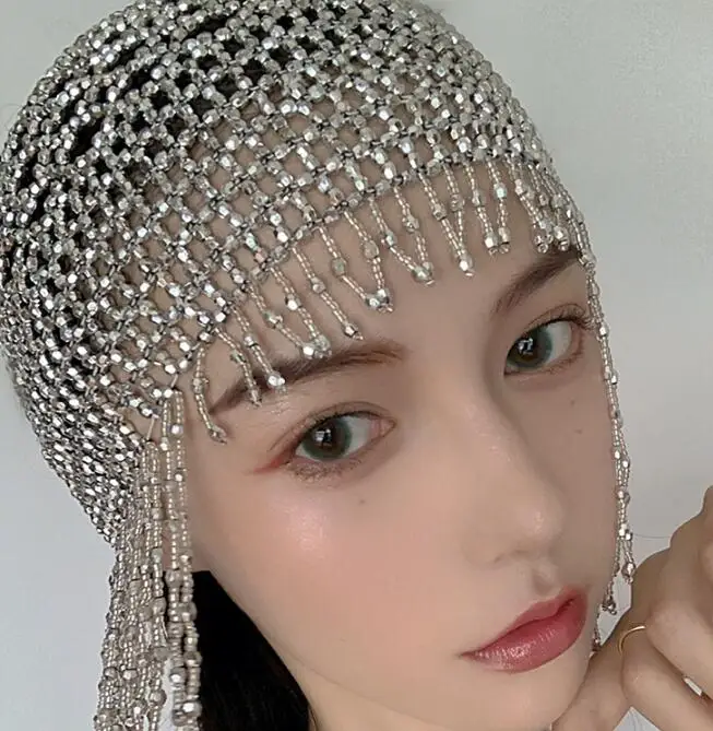 

Weave Rhinestone Hat Vintage Tassel Cap Women Wedding Short Hair Sliver Shinny Wig Beading