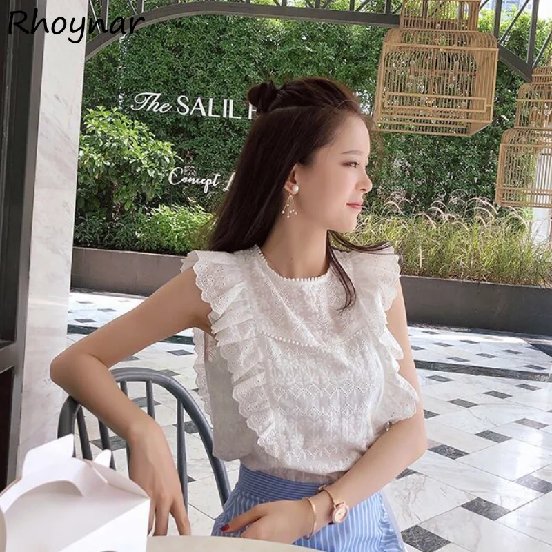 

Blouses Women Lace Fashion Summer Loose Korean Style Sleeveless White Fairy Tops Ruffles Elegant Mujer O-neck Basic Streetwear