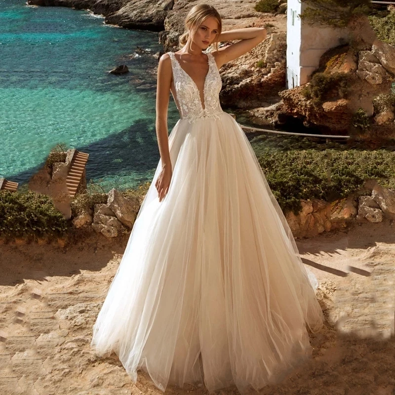 Gaun Pengantin Punggung Terbuka Gaun Pernikahan Arab Boho Pantai Renda Applique Tulle Kerah V A-line Gaun Pengantin Gaun Pengantin Vestido De Noiva