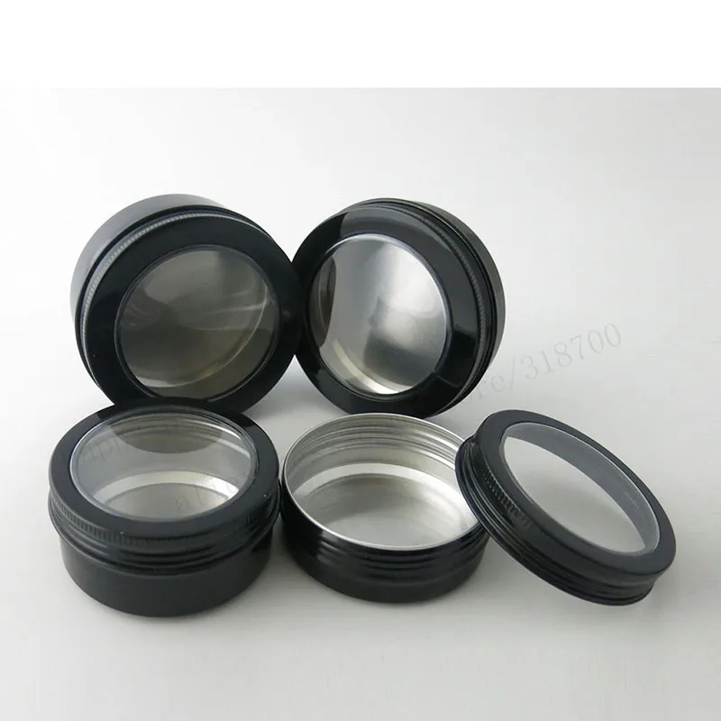 

30 x 60g 80g 100g 150g black aluminum jar contain With Window Metal Tin for cream sugar storage display jewelry glitters