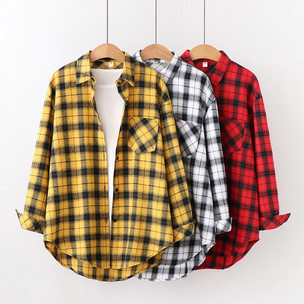 Loose Casual Style Women\'s Yellow Red Plaid Shirt 2023 New Womens Tops Large Size Long Sleeve Shirts Boutique Clothing