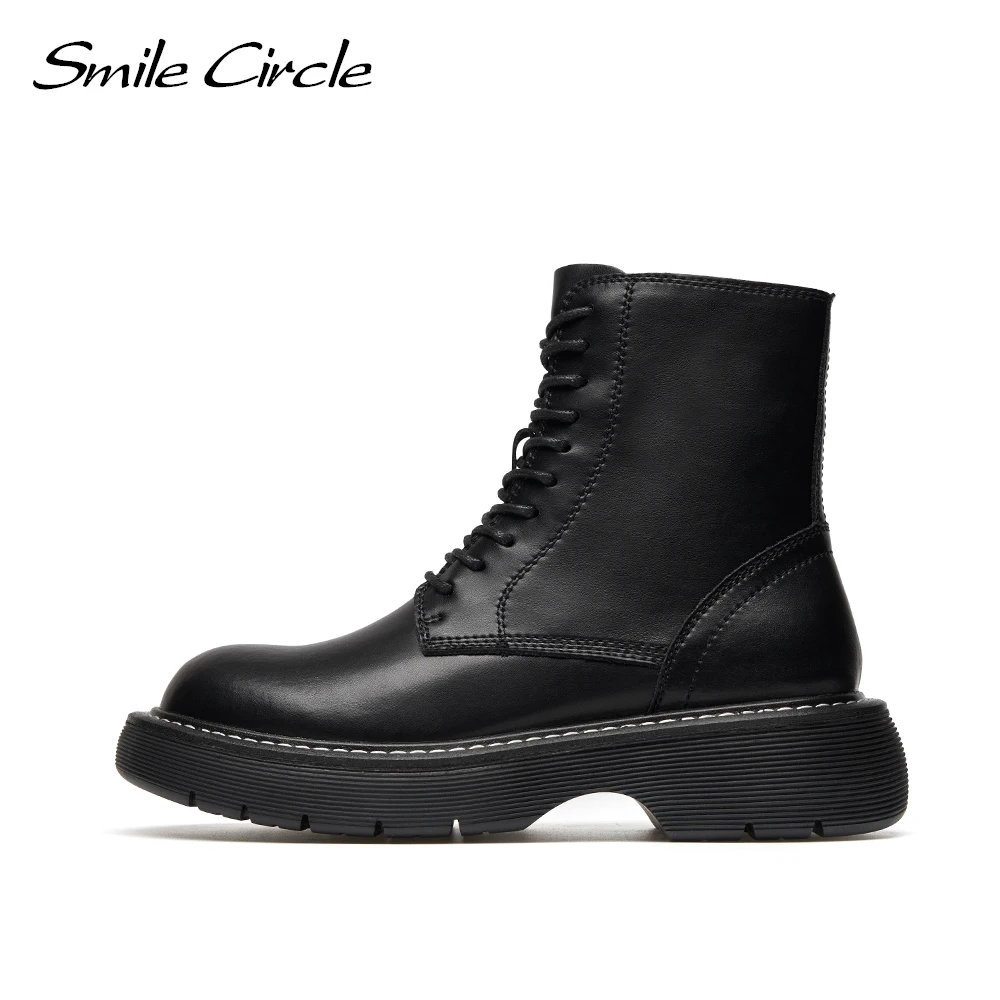 Smile Circle Ankle Boots Women Winter Flats Platform Boots Round Toe Lace-up Motorcycle Boots Ladies Booties Black