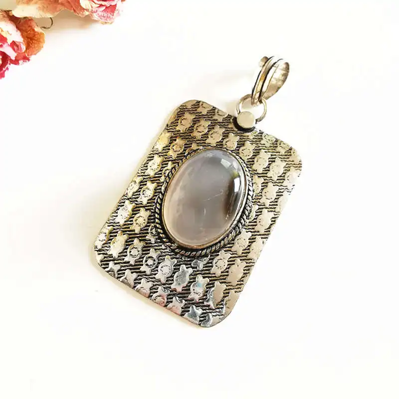 Vintage Hand Jewelry Copper Inlaid Natural Stone Agates Big Rectangle Pendants TBP764