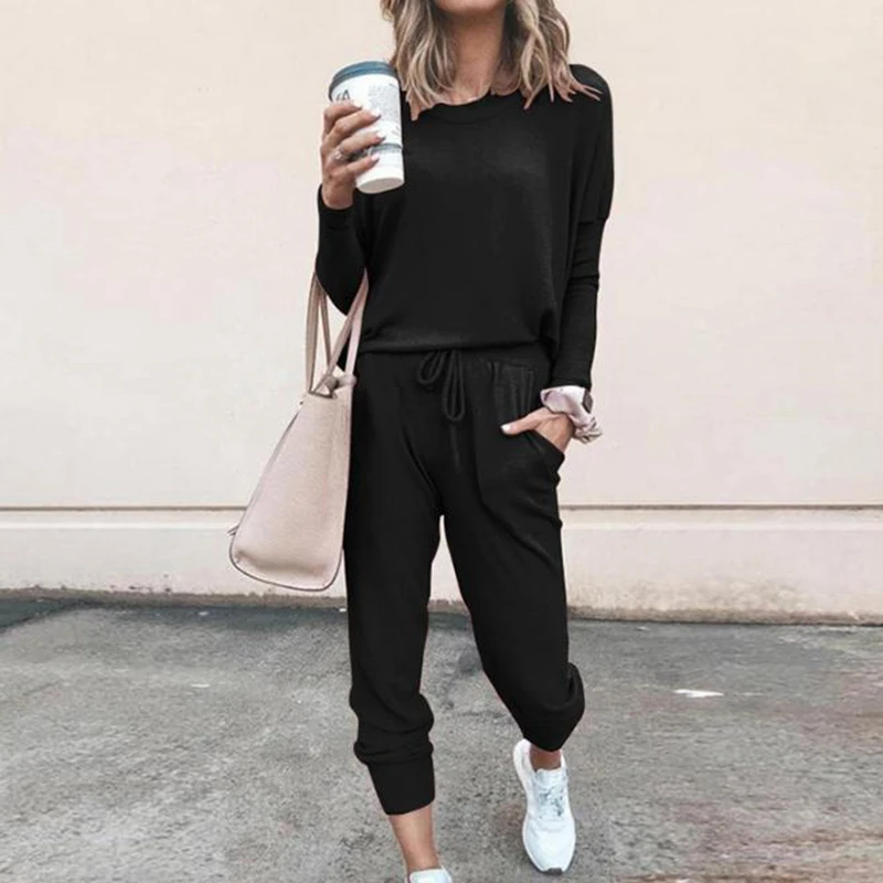 Two-piece Spring and Autumn Hot Sale Women's Fashion Loose Solid Color Long-sleeved T-shirt Trousers Casual Sports Suit 2023