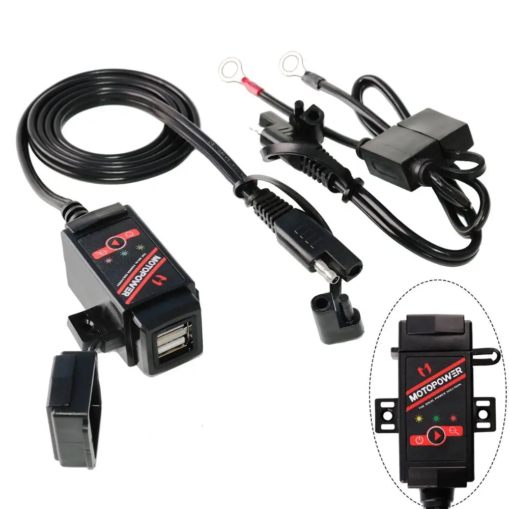 MOTOPOWER MP0608 3.1Amp Motorcycle Dual USB Charger SAE to USB Adapter Battery Monitor with Switch