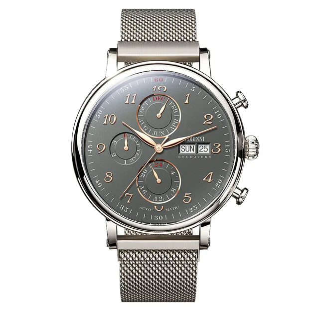 LOBINNI Mesh Steel Band Herren automatische mechanische Uhr Saphirglas wasserdichte Uhren Datum Woche Multifunktions-Armbanduhr 10