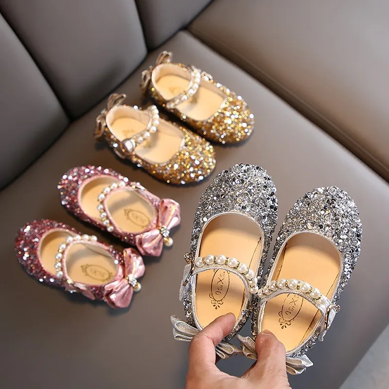 Pink Gold Silver Girls Princess Shoes for Wedding Party Kids Rhinestone Crystal Shoes Dance Performance Shoes Chaussure Fille